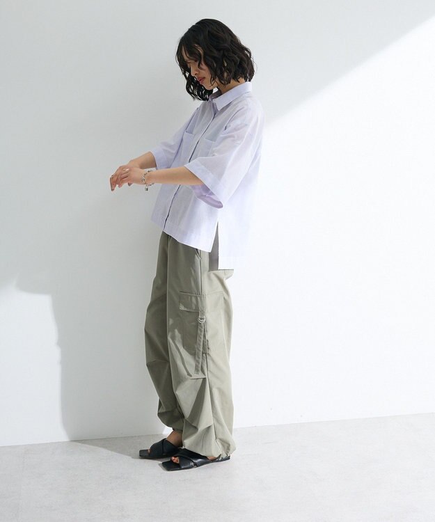 Green Parks 綿麻混５分袖ターンバックシャツ Lavender