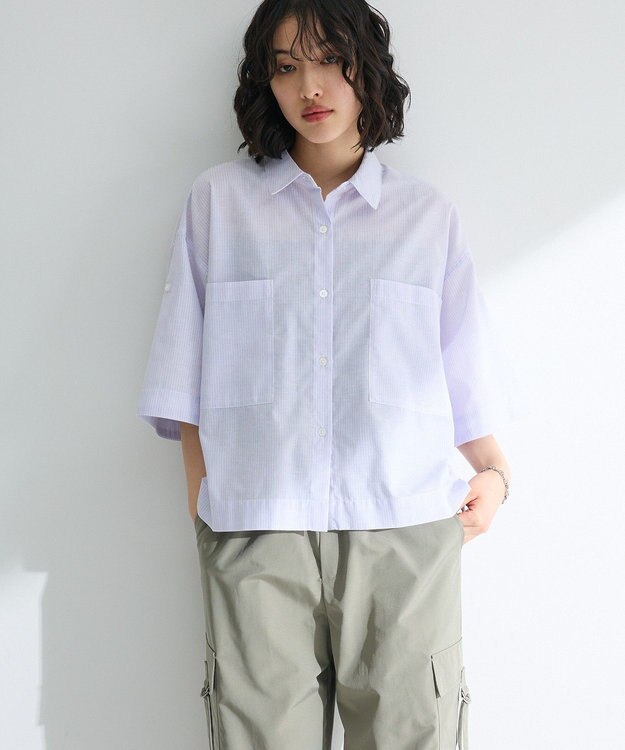 Green Parks 綿麻混５分袖ターンバックシャツ Lavender