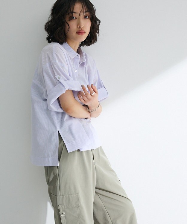 Green Parks 綿麻混５分袖ターンバックシャツ Lavender