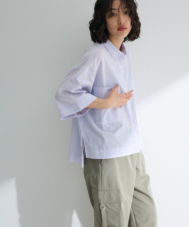 Green Parks 綿麻混５分袖ターンバックシャツ Lavender