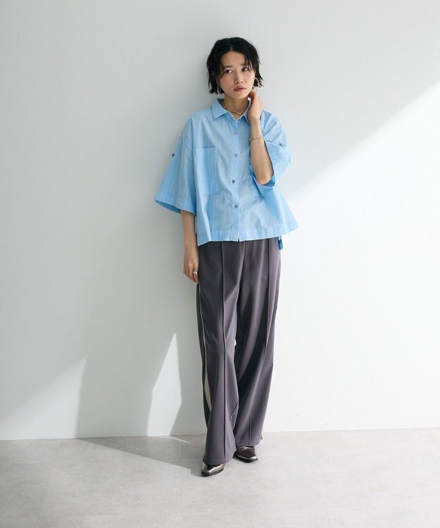 Green Parks 綿麻混５分袖ターンバックシャツ Sax