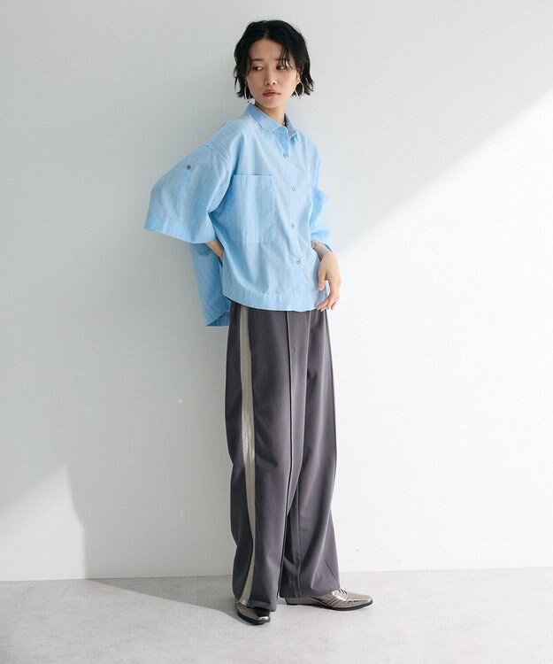 Green Parks 綿麻混５分袖ターンバックシャツ Sax