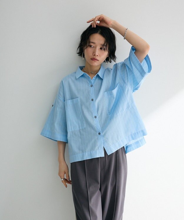 Green Parks 綿麻混５分袖ターンバックシャツ Sax