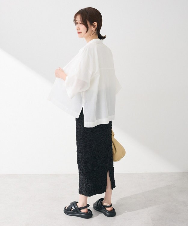 Green Parks 綿麻混５分袖ターンバックシャツ Off White