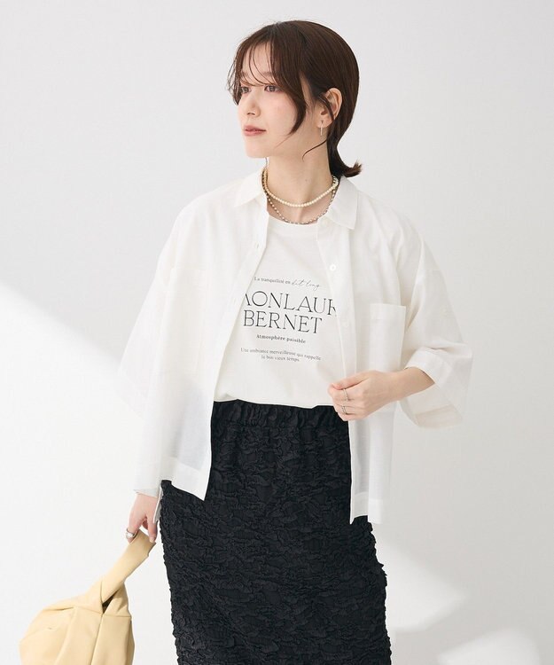 Green Parks 綿麻混５分袖ターンバックシャツ Off White