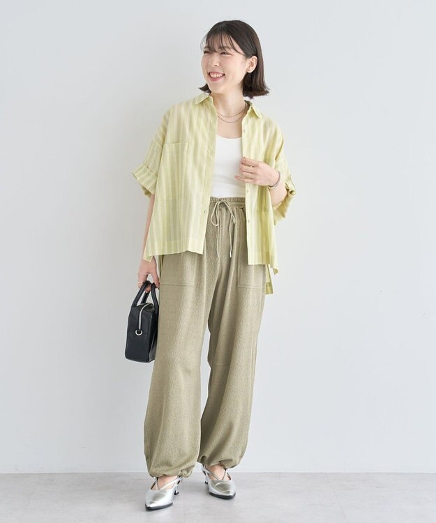 Green Parks 綿麻混５分袖ターンバックシャツ Green