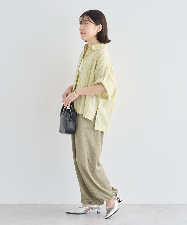 Green Parks 綿麻混５分袖ターンバックシャツ Green