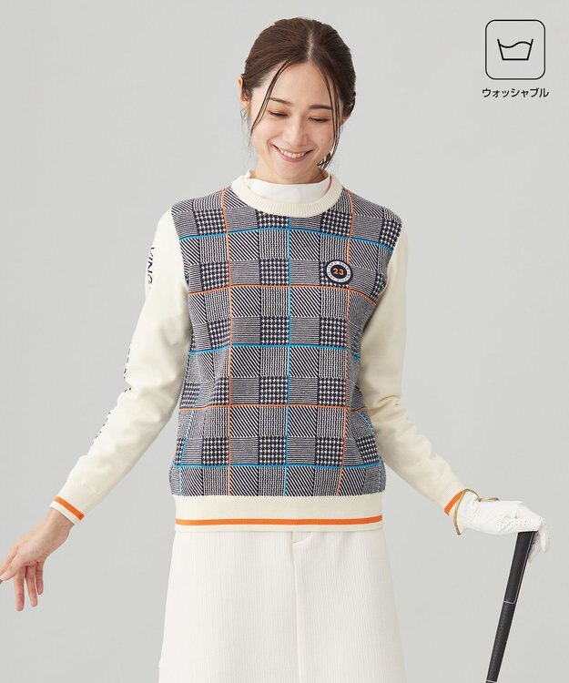 23区GOLF 【WOMEN】チェックジャガード クルーネック ニット ネイビー系3