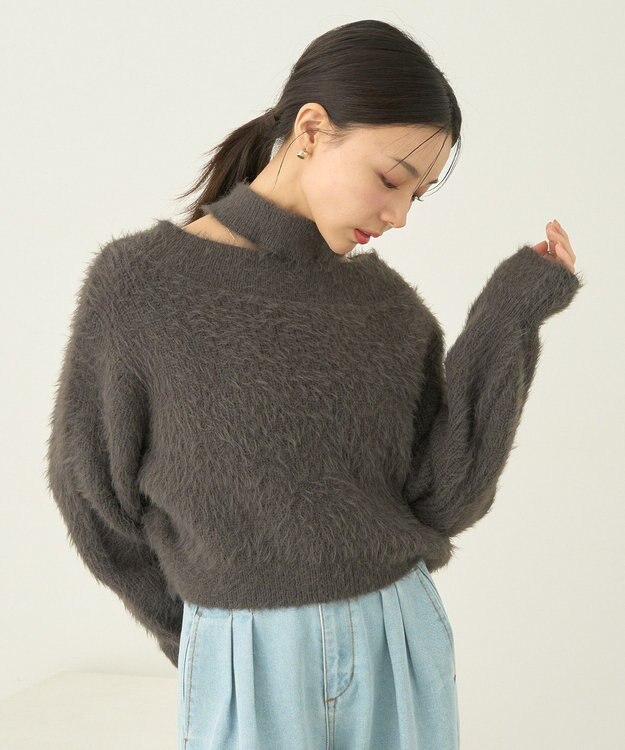 earth music&ecology ロングシャギースリットネックニットプルオーバー Mocha