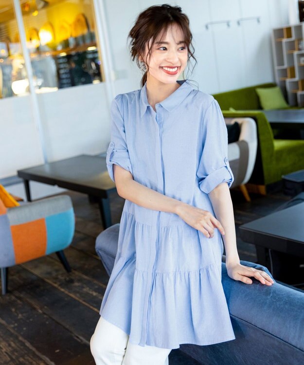 Tiaclasse L 【洗える】1枚で大人華やぐ2段ティアードシャツチュニック サックスストライプ