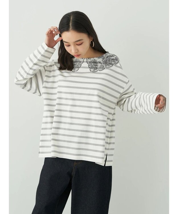 earth music&ecology レースプリントボーダープルオーバー Border Gray