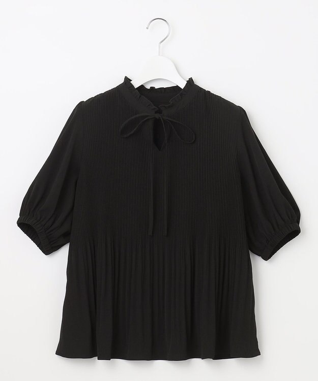 Feroux 【洗える】プリーツコンビ半袖 ブラウス ブラック系