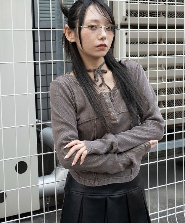 WEGO ヴィンテージウォッシュネックリボントップス ブラウン