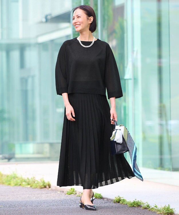 自由区 【セットアップ対応・洗える】ヴィスコースシアーニット スカート ネイビー系