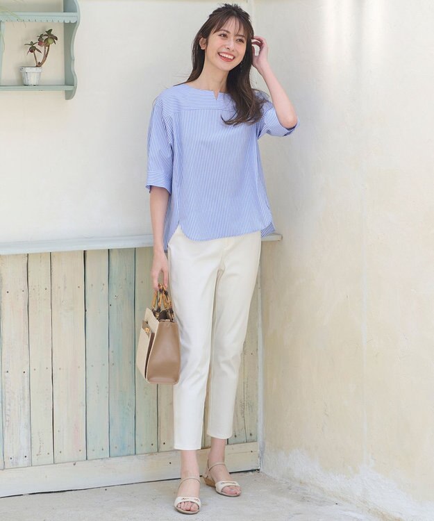 ANY SIS 【洗える】ノーカラーシャツ ブラウス ブルーストライプ