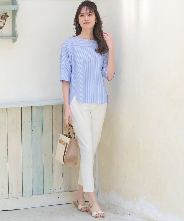 ANY SIS 【洗える】ノーカラーシャツ ブラウス ブルーストライプ