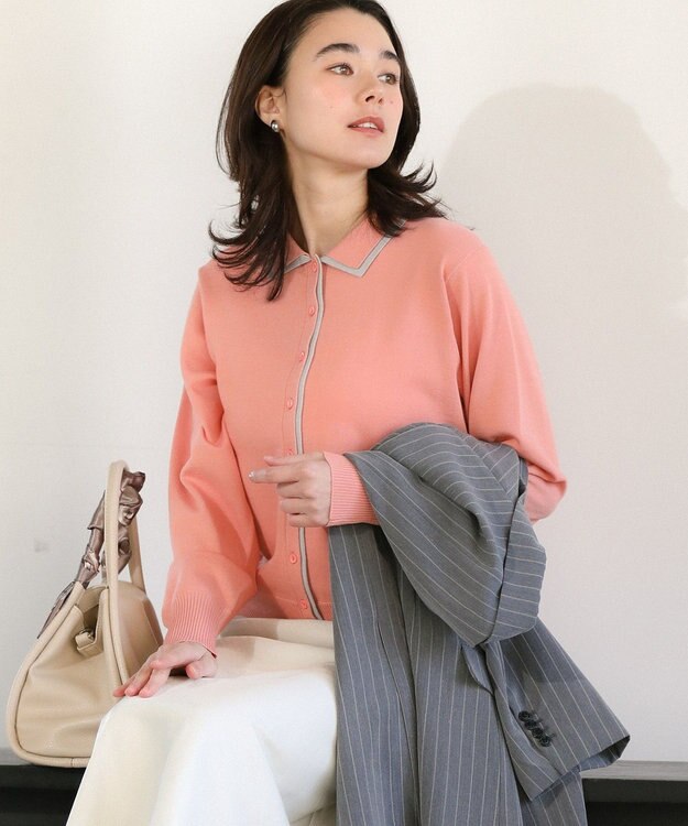 Green Parks ここちニット衿付き配色プルオーバー Pink