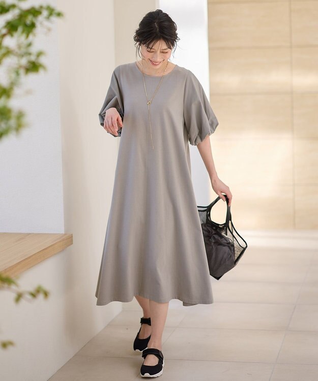 ANY 異素材コンビ ボリュームスリーブワンピース グレー