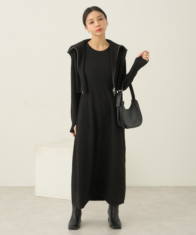 earth music&ecology ＳＥＴ２点ＺＩＰベスト＋ニットワンピース Black