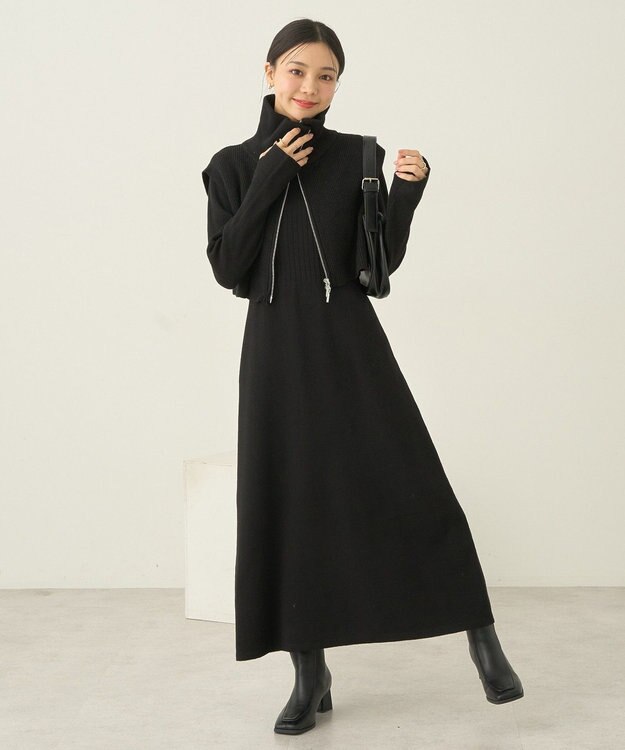 earth music&ecology ＳＥＴ２点ＺＩＰベスト＋ニットワンピース Black