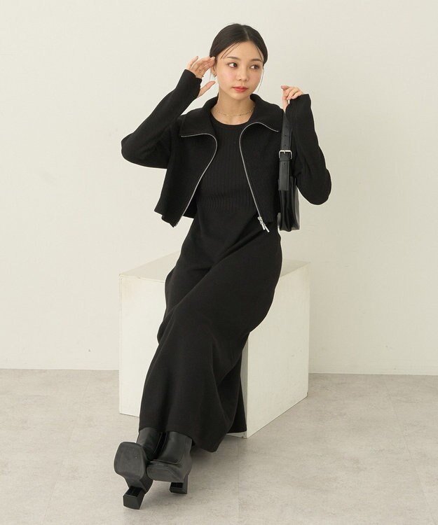 earth music&ecology ＳＥＴ２点ＺＩＰベスト＋ニットワンピース Black