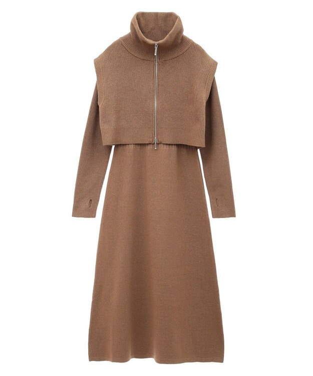 earth music&ecology ＳＥＴ２点ＺＩＰベスト＋ニットワンピース Camel