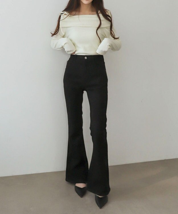 WEGO 【美脚パンツ】ストレッチフレアデニムパンツ デニムブラック