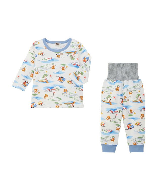 MIKI HOUSE HOT BISCUITS 【80-120cm】 リゾートビーンズ 腹巻き付き タック天竺素材 長袖パジャマ マルチカラー