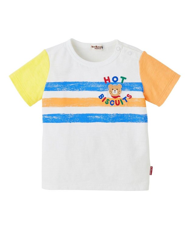 MIKI HOUSE HOT BISCUITS かすれプリント 袖配色 半袖Tシャツ 白