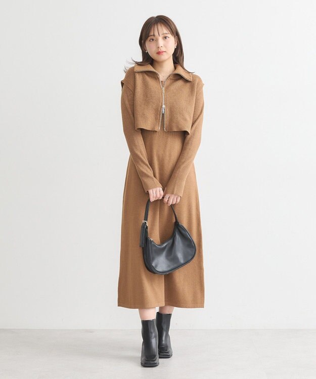 earth music&ecology ＳＥＴ２点ＺＩＰベスト＋ニットワンピース Camel
