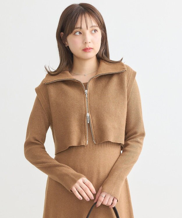 earth music&ecology ＳＥＴ２点ＺＩＰベスト＋ニットワンピース Camel