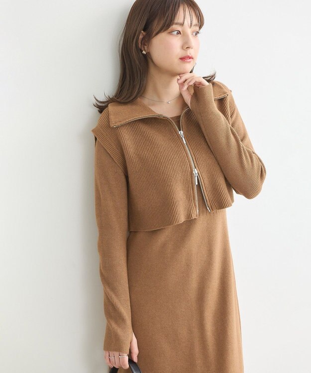 earth music&ecology ＳＥＴ２点ＺＩＰベスト＋ニットワンピース Camel