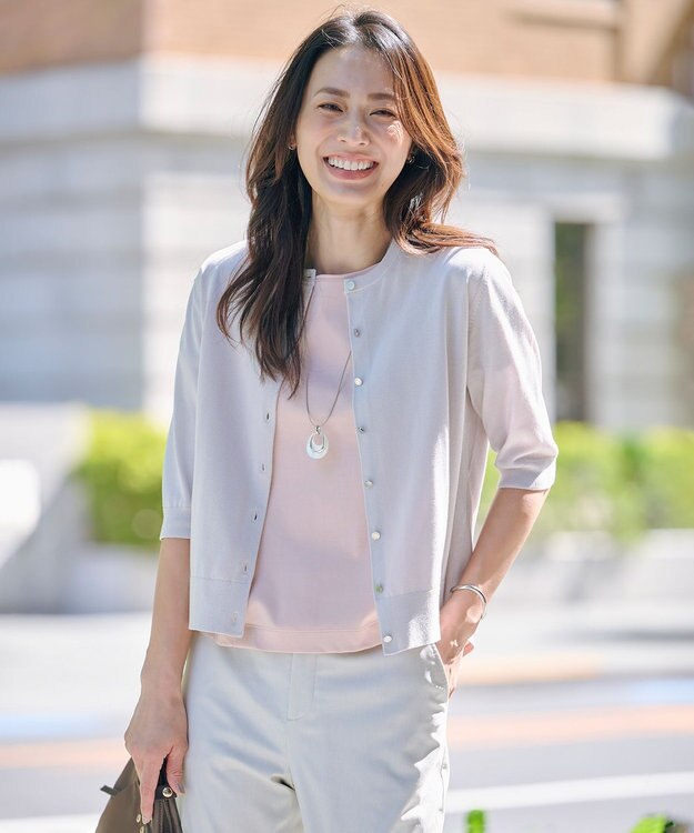 J.PRESS LADIES L 【洗える・抗菌防臭】COTTON ACETATE DRY クルーネック カーディガン ライトグレージュ系