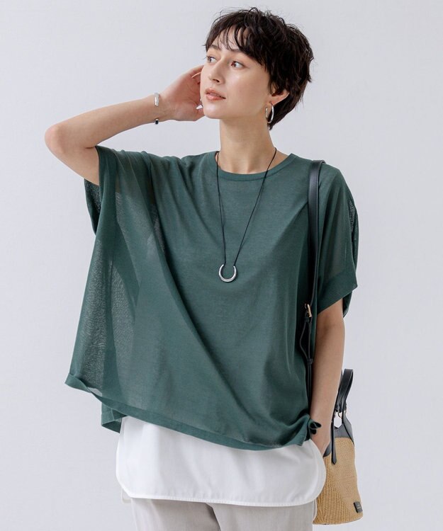 23区 【洗える】ライトシアー ハーフスリーブ ニット モスグリーン系