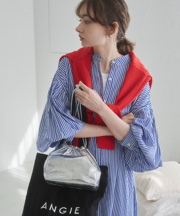 WEGO 【ANGIE VINTAGE】ボリュームスリーブ バンドカラー シャツワンピース ブルーストライプ