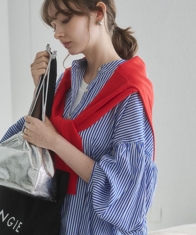 WEGO 【ANGIE VINTAGE】ボリュームスリーブ バンドカラー シャツワンピース ブルーストライプ