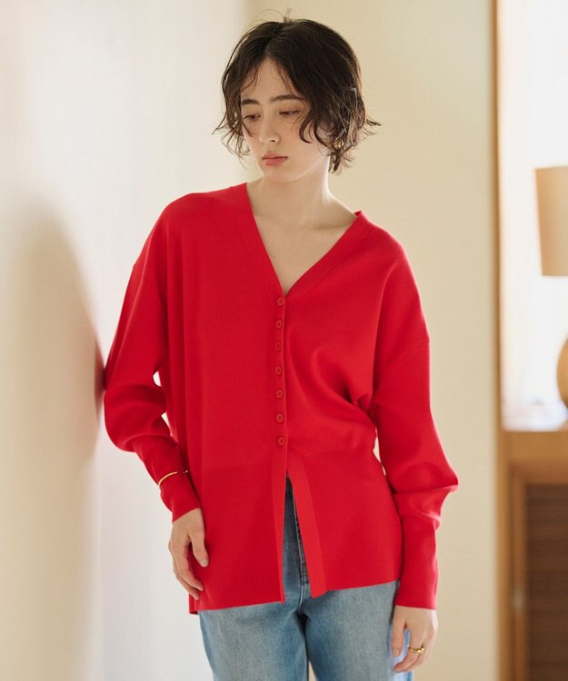 #Newans 【洗える】ファインボタンＶネックカーディガン レッド