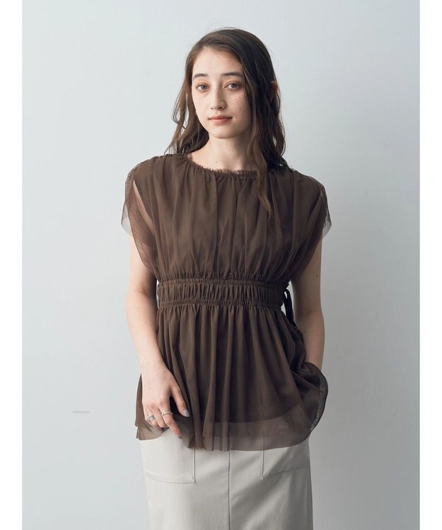 YECCA VECCA チュールギャザーブラウス Brown