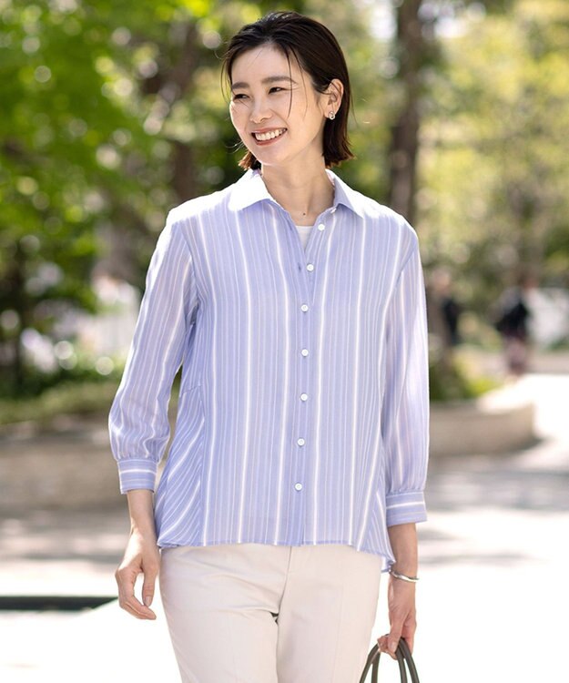 J.PRESS LADIES L 【洗える】SHEERストライプ ペプラム シャツ ブラウス サックスストライプ系