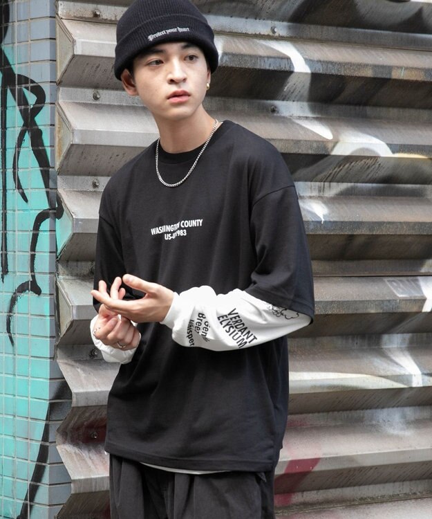 WEGO 【ユニセックス着用ITEM/2点SET】アクセ付きグラフィックアンサンブルT（LS） ブラック