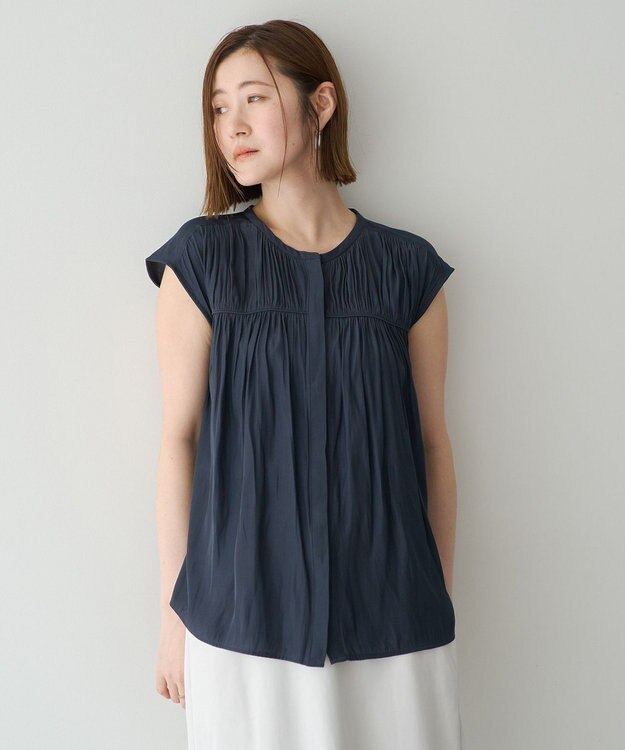 YECCA VECCA <<接触冷感>>フレンチスリーブギャザーブラウス Navy