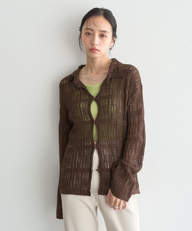 earth music&ecology メッシュレース襟付きカーディガン Brown