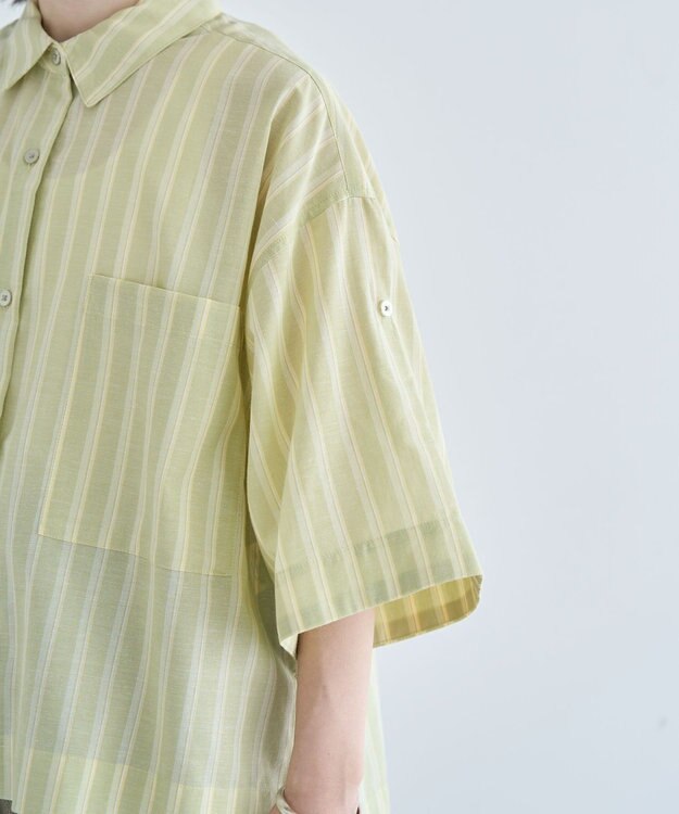 Green Parks 綿麻混５分袖ターンバックシャツ Green