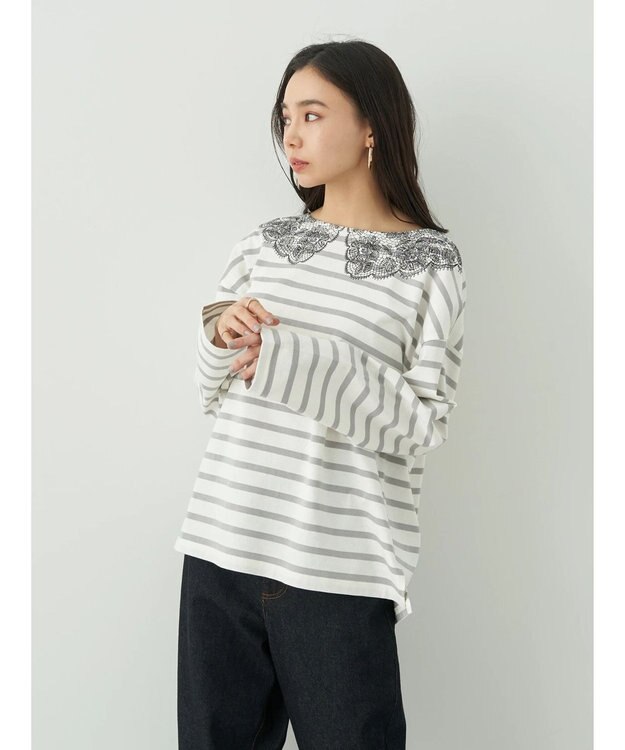 earth music&ecology レースプリントボーダープルオーバー Border Gray