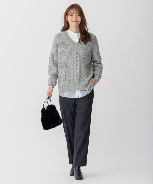 自由区 【洗える】ウォッシャブルハイカウントフラノ ストレートパンツ グレー系