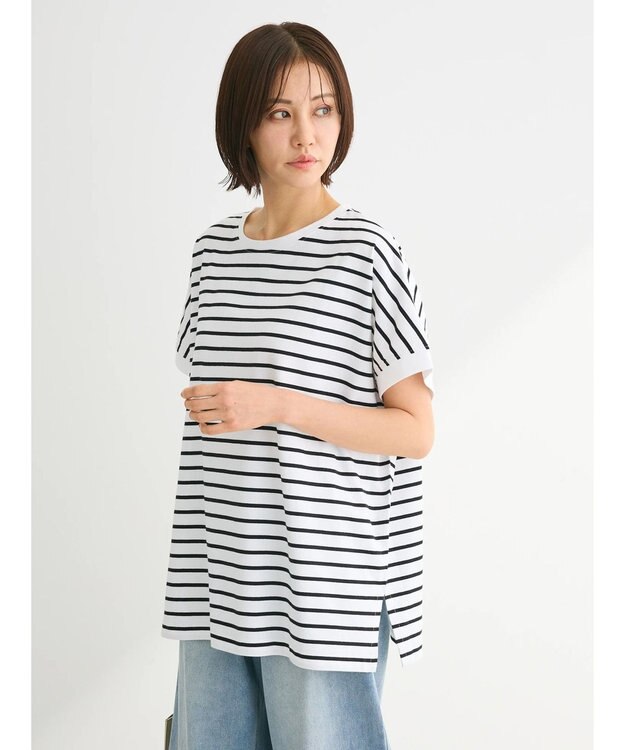 Green Parks インド綿 フレンチスリーブ前後差カットプルオーバー Border