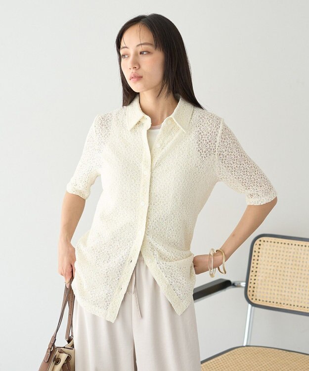 earth music&ecology ストレッチレース襟付シャツ Off White