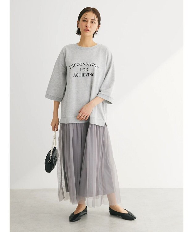 Green Parks ７分袖チュールドッキングロゴワンピース Gray Mixture