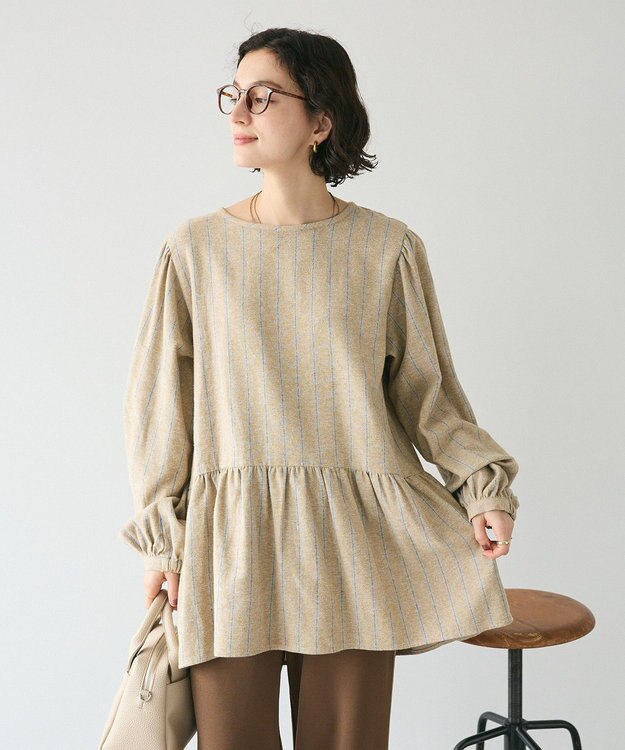 CRAFT STANDARD BOUTIQUE ボリュームスリーブウエストギャザーチュニック Stripe