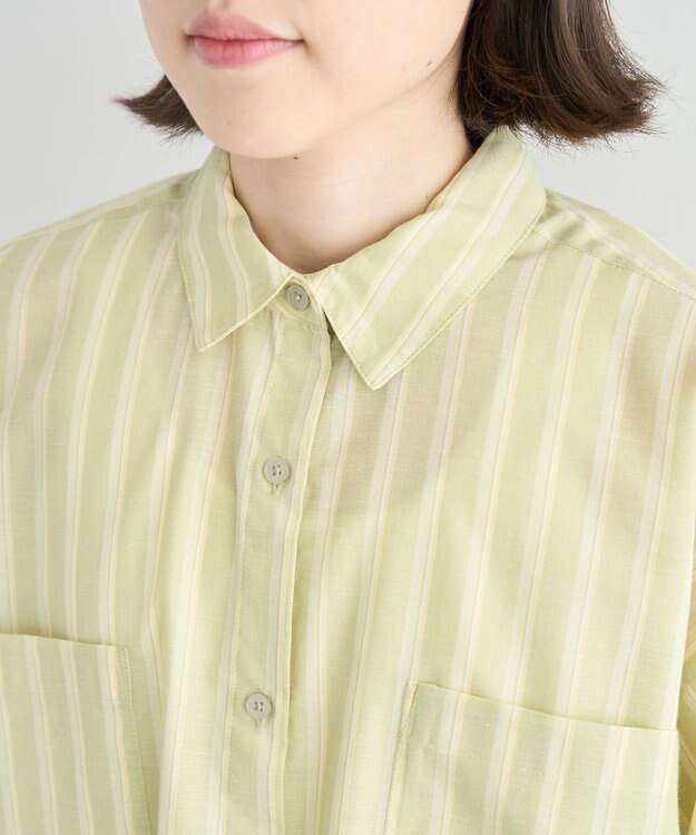 Green Parks 綿麻混５分袖ターンバックシャツ Green